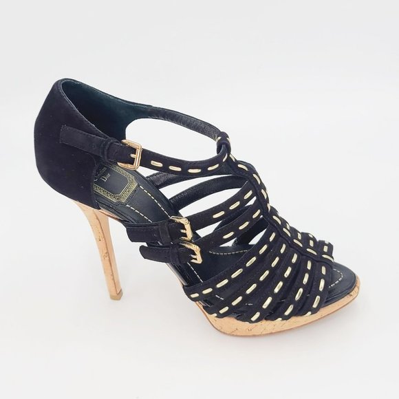 Dior Black Suede Stitched ANTICA Gladiator Caged Strappy Sandals Size 37.5 - Picture 2 of 8